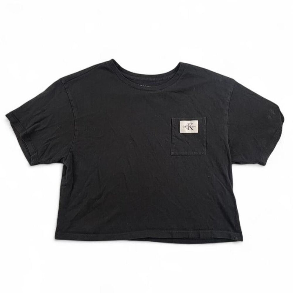 Calvin Klein Cropped Tee Womens M Black Logo Pocket T Shirt Minimalist CK Top